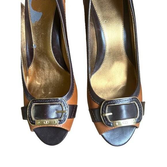 Circa Joan & David High‎ Heel Size 8.5 Classic Peep Toe Buckle Brown New w Flaw - Picture 5 of 11
